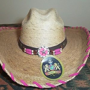 2 Tone Palm leaf Cowboy Hat w/pink details